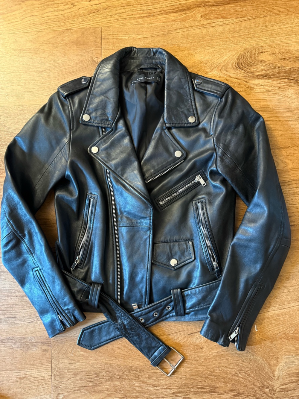 Zara Black 100% genuine Leather Bomber Jacket with Silver Hardware